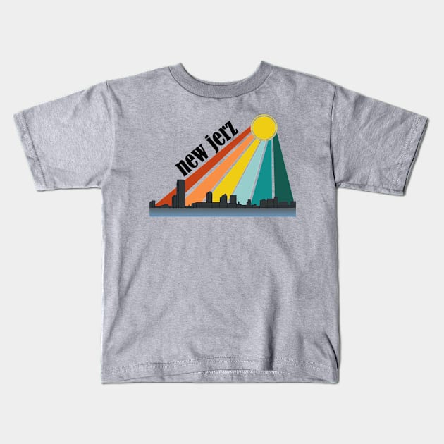 New Jerz Fun New Jersey Skyline and Retro Sunset Kids T-Shirt by RKP'sTees